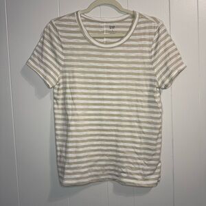 GAP Women's Beige and White Striped Tee 100% Cotton Size Medium